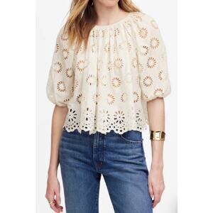 Madewell White Eyelet Embroidered Puff Sleeve Blouse Size Small